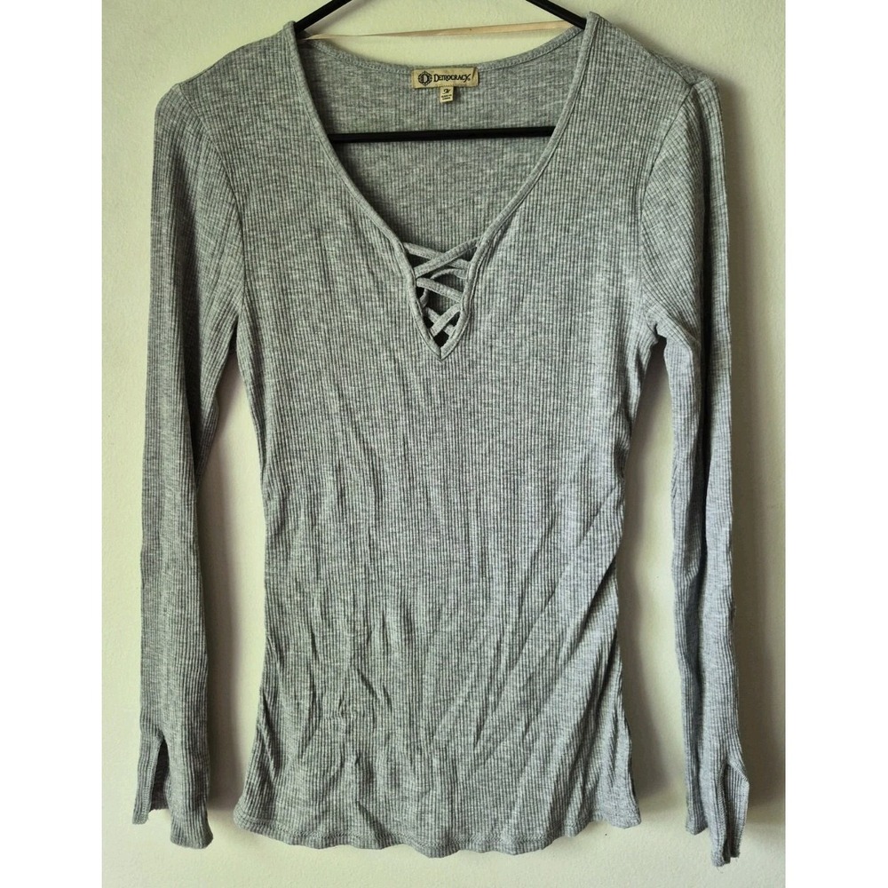 Democracy Women's V-neck Long Sleeve Lace-Up Detail Heather Gray Ribbed Size M